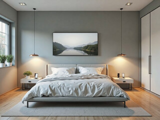 Modern minimalist bedroom with gray bedding and hanging lamps.