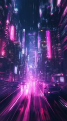 Fototapeta premium A futuristic urban cityscape with glowing neon lights at night