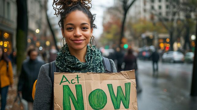 Activist encourages immediate action on street during rainy day showcasing environmental awareness and social justice messages