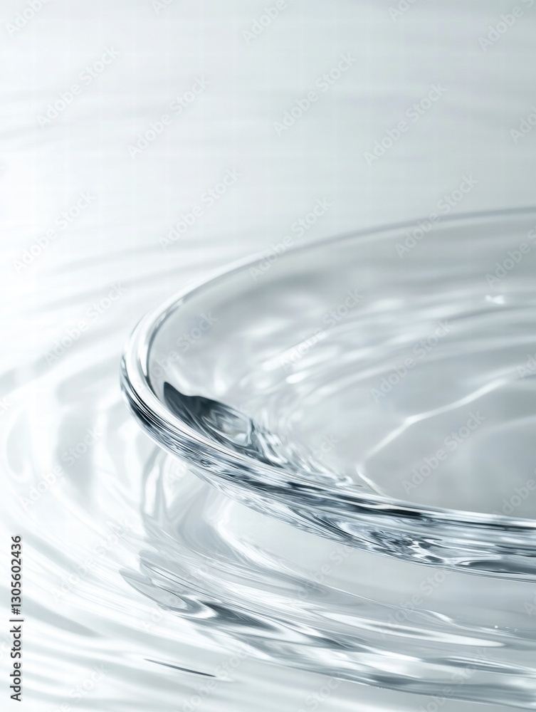 Poster Clear glass dish resting on the calm surface of water creating gentle ripples and reflections in soft light. Generative AI