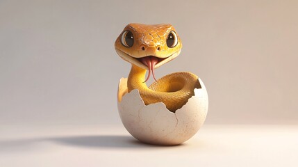 A charming cartoon snake with a heart-shaped tongue, coiled inside a cracked egg on a clean white backdrop