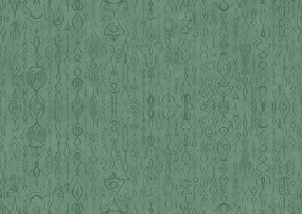 Hand-drawn unique abstract symmetrical seamless ornament. Dark semi transparent green on a light cold green background color. Paper texture. A4. (pattern: p14a)