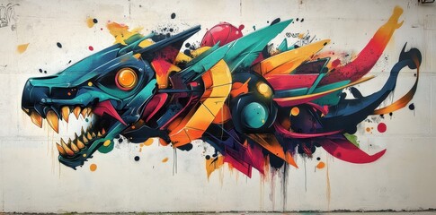 An abstract colorful dragon painted on a concrete wall surface