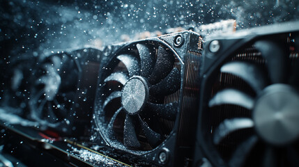 Close-up of dark-gray computer cooling fans, covered in water droplets, showcasing technological detail and powerful cooling system, representing high-performance computing