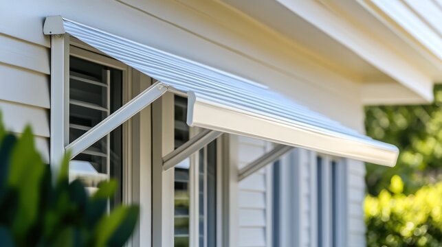 Aluminum window awning on light beige house
