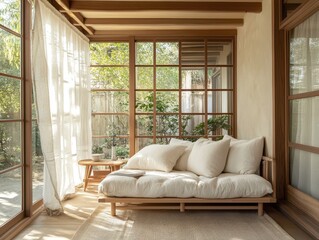 Fototapeta premium Bright and cozy living room with a peaceful natural view