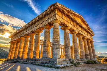Fototapeta premium Majestic Segesta Temple, Sicily: Ancient Greek Ruins, Sunny Sicilian Landscape