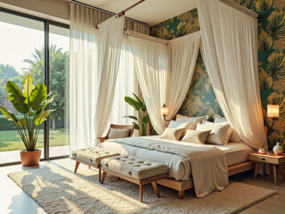 Spacious bedroom with a canopy bed, large windows, and tropical plant decorations.