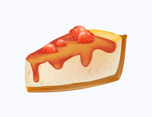 Piece of cake 3D illustration. Sweet cheesecake desserts with cream, caramel and fruits. Slice of cake, Delicious sweets or dessert