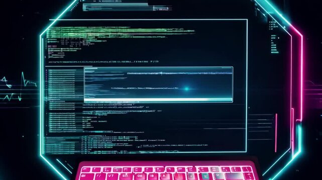 Holographic interface with neon coding panels in futuristic cyber environment, programming