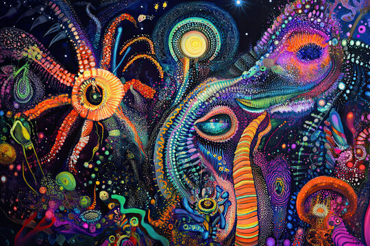 Vibrant DMT Art Depicting a Psychedelic Cosmic Ocean of Consciousness, Alien Bioluminescent Entities, Surreal Organic Patterns, and Interdimensional Vision in a Galactic Dreamscape.