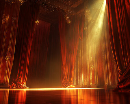 Dark red velvet curtains frame a golden, ornate room bathed in sunlight, creating a dramatic and luxurious stage or showcase, ideal for presentations or product displays