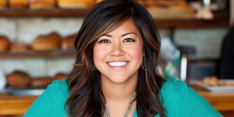 A woman with long, dark hair and a bright smile sits at a bakery table. Freshly baked loaves are displayed on shelves behind her, creating a warm and inviting atmosphere