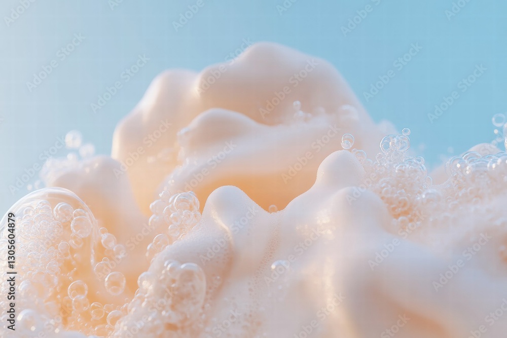 Poster Soft bubble foam forms a delicate texture against a calming blue background in a serene moment. Generative AI