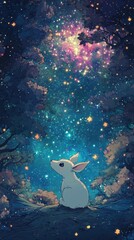 A small white creature looks up at the starry night sky