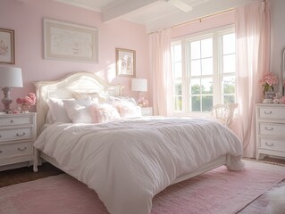 A beautifully decorated bedroom with soft pink colors and white furniture
