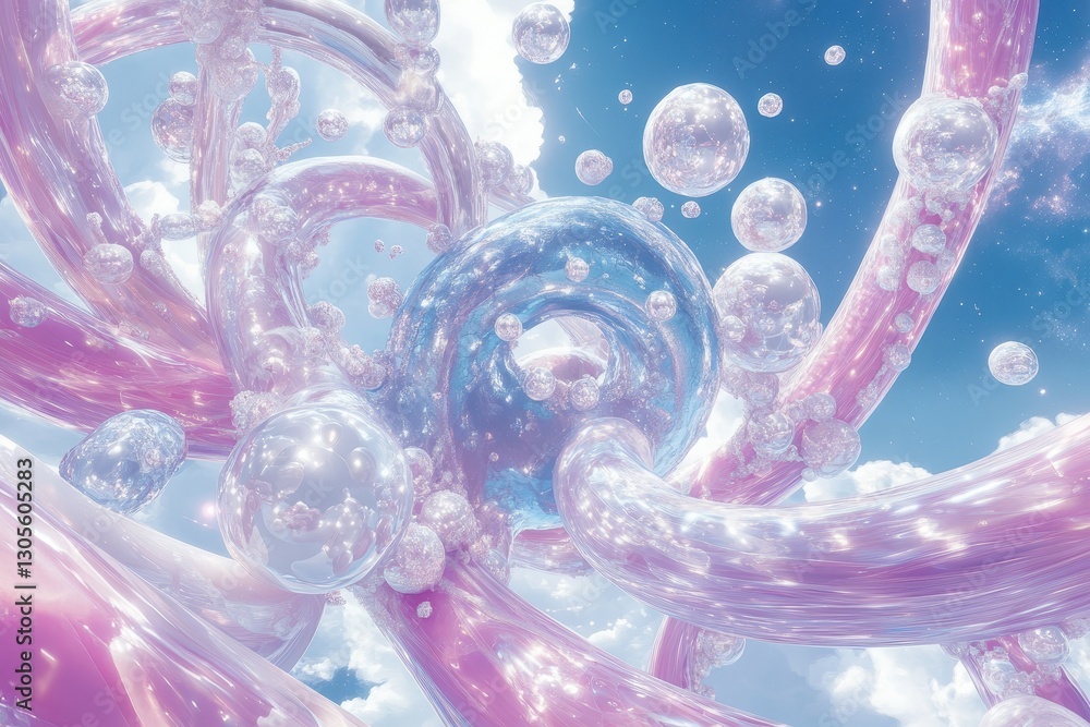 Poster abstract forms float within the sky in a dreamlike scene