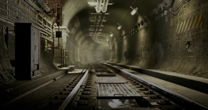 Empty urban underground tunnel featuring parallel train tracks and dim lighting. The concrete walls show age and wear, while shadows create a mysterious atmosphere.