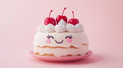 Cute cherry cake on pink plate