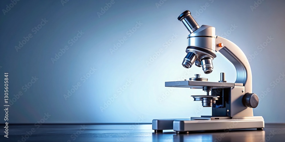 Poster microscope lab research: scientist examining sample slide, copy space left