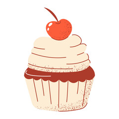 Cupcake with whipped cream and cherry, classic pastry for snack, brunch. Vector illustration, flat hand drawn style with texture. Baked food for sticker, bakery, cafe shop, eatery. Isolated background