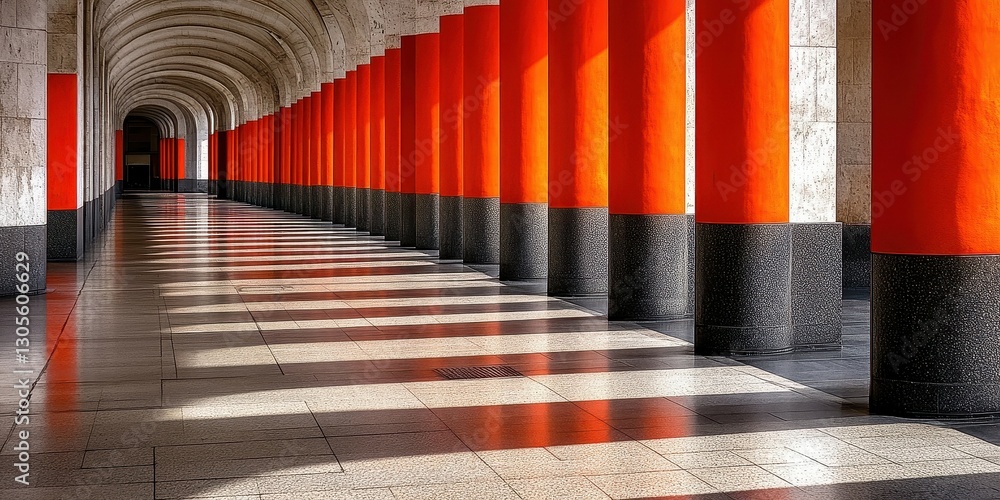 Poster a stunning walkway showcases vibrant orange columns contrasted with dark bases, creating a rhythmic 