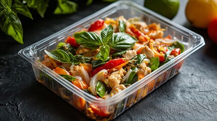 Delicious Chicken Stir Fry Meal Prep Healthy Asian Cuisine Restaurant Food Takeaway Container Fresh Basil Peppers Onions Vibrant Colors Tasty Dinner  