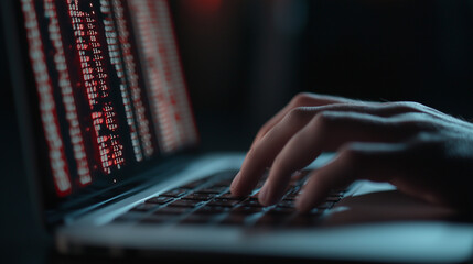 A programmer typing on a laptop with floating blockchain nodes