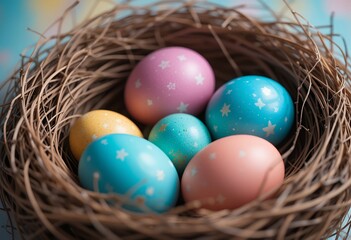 Obraz premium Colorful Easter Eggs in a Nest Surrounded by Spring Flowers