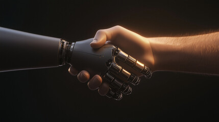 Naklejka premium A handshake between human and robot with blockchain technology