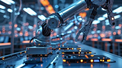Fototapeta premium Advanced robotic arm assembling electronic devices in a high-tech manufacturing facility