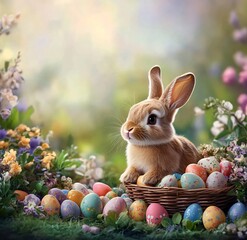 Adorable Easter bunny sitting in a flower garden surrounded by colorful decorated eggs in a wicker basket