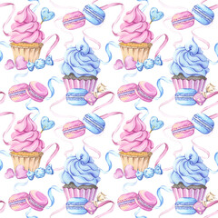 Seamless watercolor sweets pattern in blue and pink