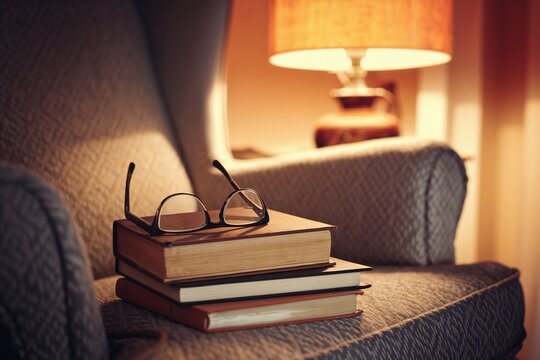 Cozy reading nook with stacked books and glasses on armchair next to lamp
