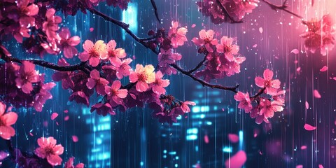 Beautiful pink flowers bloom in the rain with city background
