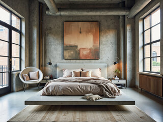 Minimalist industrial bedroom with concrete floor, large windows, and abstract art on the wall.