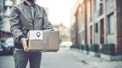 Delivery tracking concept with courier holding pac