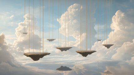 A surreal landscape of golden chains and floating islands in clouds