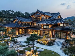 Obraz premium A Large Traditional Style House Illuminated By Outdoor Lighting Fixtures