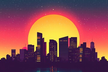 Naklejka premium A vibrant sunset illuminates a cityscape silhouette in the night sky