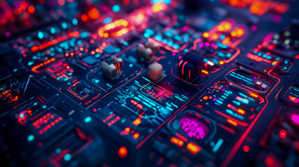 Fototapeta premium Cyberpunk Circuit Board: Futuristic Tech Interface with Neon Glows and Complex Data Visualization for High-Tech Illustration