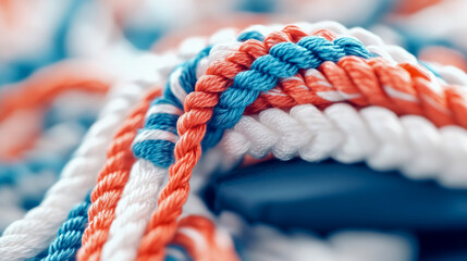 Intertwined Cordage: A Macro Study in Blue, Coral and White