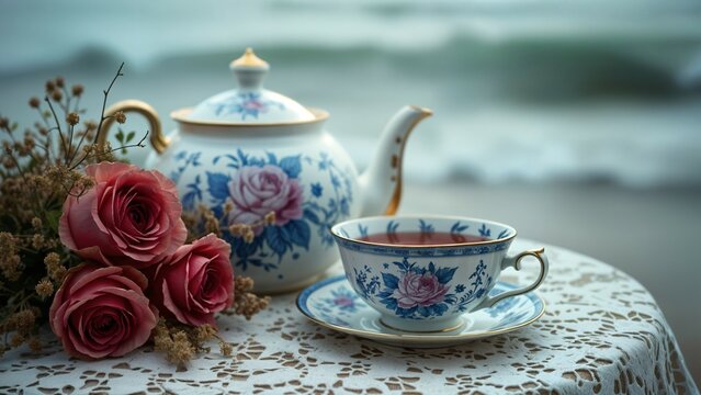 Floral teapot and teacup with bouquet of roses on lace tablecloth at seashore