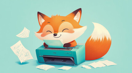 A Joyful Fox Illustration Using a Printer to Disseminate Papers, Design for Fun Stationery