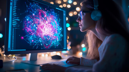 Data Analysis at Night: A woman immersed in a complex data visualization, coding, and listening to music in a softly lit room