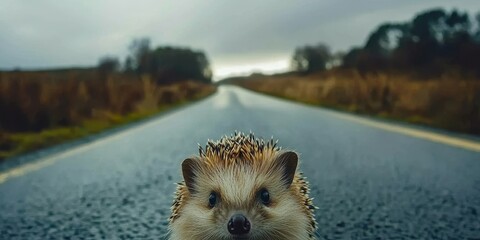 A small hedgehog is seen in the center of a damp rural road, surrounded by tall grass and trees. Dark clouds loom overhead, creating a moody, fall ambiance