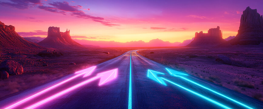 Desert road at sunset with neon pink and blue arrows indicating diverging paths, symbolizing choices and directions in life, perfect for motivational or journey concepts