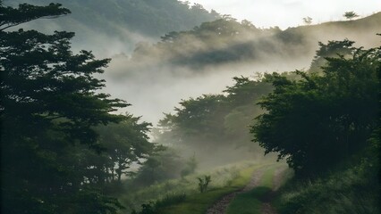 Fototapeta premium Foggy trail through lush green mountains pines