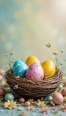 Colorful Easter Eggs in a Nest Surrounded by Spring Flowers