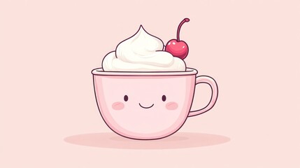 Cute pink cup of whipped cream with cherry
